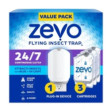 Zevo Flying Insect Trap (1 Plug-in Base + 3 Cartridges) Blue UV Light Indoor Use