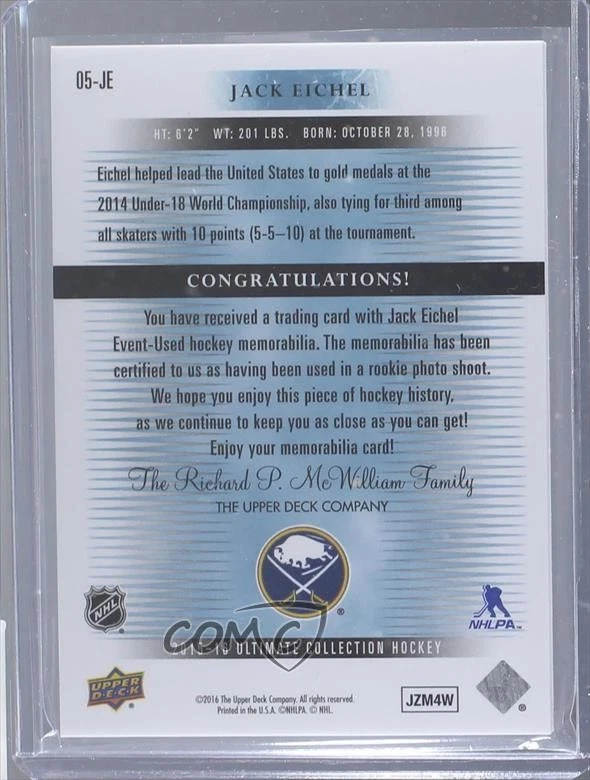 2015 Ultimate Collection Spectrum Gold /15 Jack Eichel #05-JE RPA Patch Auto RC - Image 2 of 2
