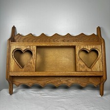 Vintage Solid Oak Country Farmhouse Wall Shelf with Heart Cutouts 21x16x3 in