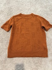 SHEIN Brown Cable-Knit Short Sleeve Crew Neck...