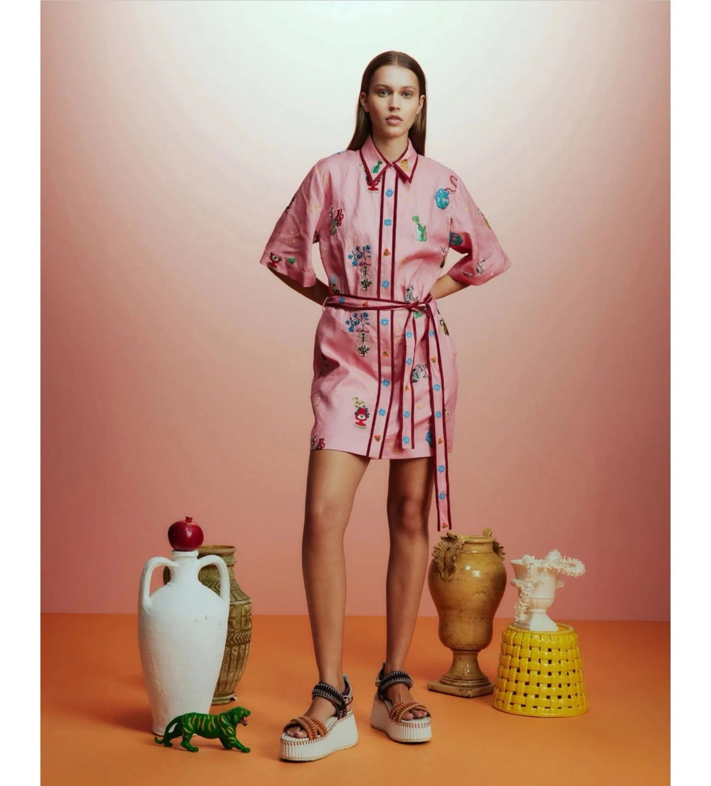 Alemais Pink Timmy Mini Dress With Embroidered Vases With Tie Size 14