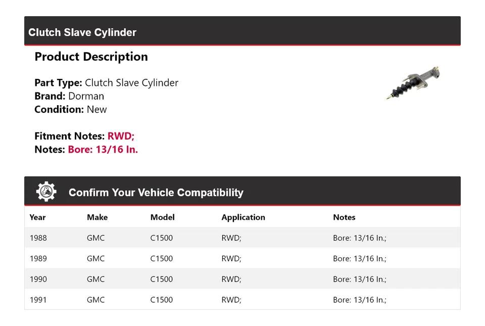 Cilindro esclavo embrague Dorman 1989 1990 para GMC C1500 1988-1991 TRACCIÓN TRASERA Foto 2 de 4