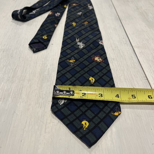 Looney Tunes Mania Blue Green Plaid Silk Tie Bugs Taz Tweety Daffy 1995 Vtg - Picture 8 of 12