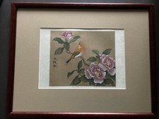 Chinese   Silk Painting of Bird and Flowers, Signed, Artist unknown, Framed