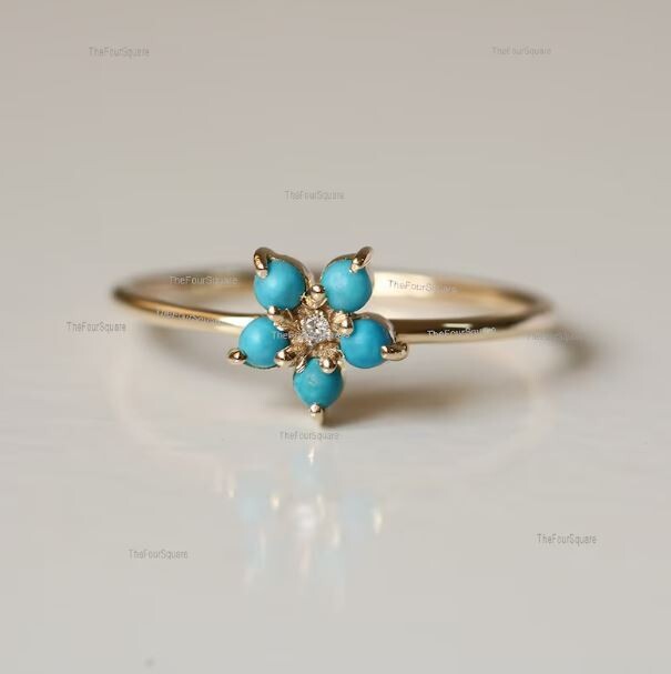 925 Silver Turquoise Floral Ring In Yellow Gold Plated Ring