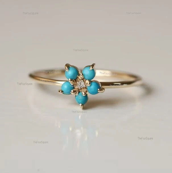 Anillo de banda delgada con flor de turquesa y moissanita enchapado en oro amarillo de plata 925 Foto 3 de 4