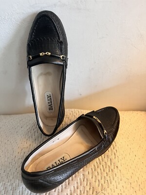 Bally Loafers Shoes Black Horsebit /Gold Link Detail Women's Size