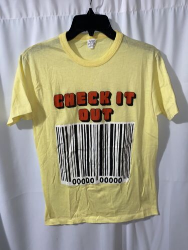 Vintage 80s Check It Out Barcode Single Stitch T Shirt Medium Made in USA - Picture 1 of 5