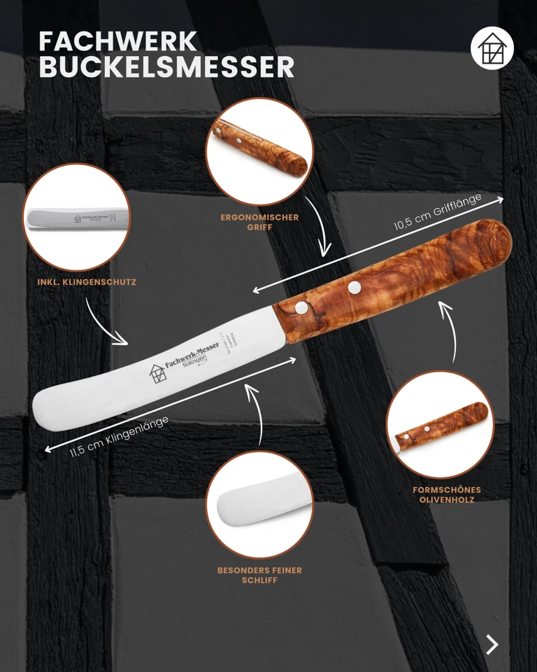 Fachwerk Frühstücksmesser Olivenholz Brötchenmesser Buckelsmesser Solingen - Bild 2 von 4