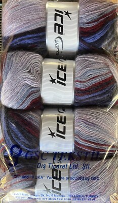 Lot Of 4 Ice Yarns Angora Active Yarn Fine 4x100g/500m Lilac Burgundy Blue Shade