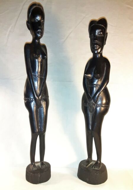 Vintage Ethnic African Carved Ebony Pair of Female Figures Circa 1960