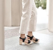 NEW Nisolo All Day Open Toe Clog Black Womens Shoes Size 7 Leather Wood 3" Heel