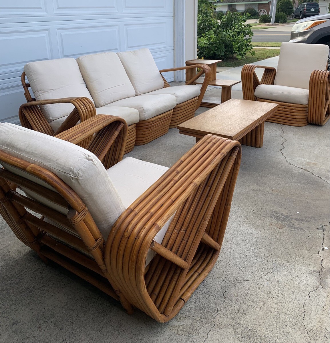 Original 7 Pieces Paul Frankl Pretzel Six Strand Rattan Bamboo