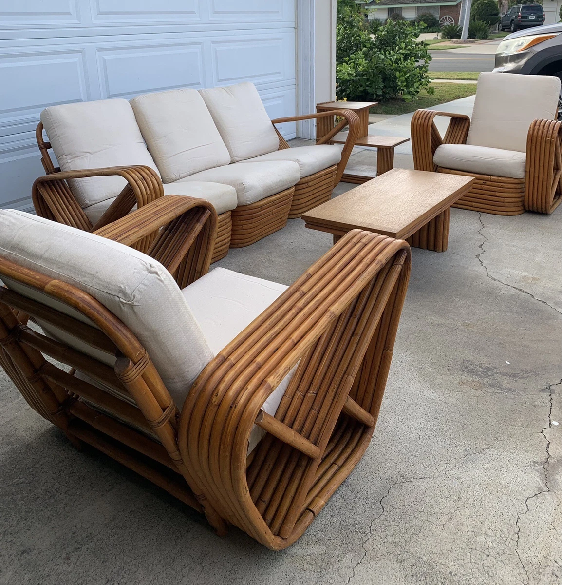 Original 7 Pieces Paul Frankl Pretzel Six Strand Rattan Bamboo