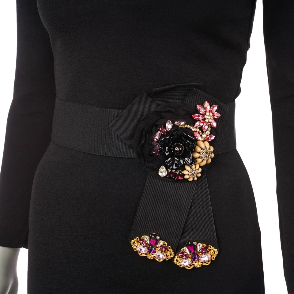 DOLCE & GABBANA SARTORIA Kristall Blume Brosche Kleid Gürtel Schwarz Gold 13555 - Bild 3 von 4
