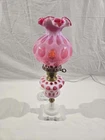 Vintage Cranberry Opalescent Coin Dot Parlor Lamp Ruffled Shade Milk Glass Base