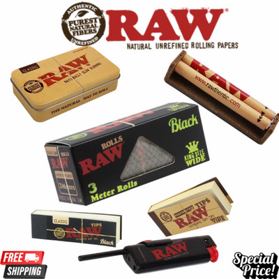 RAW Black Organic King Size Wide 3m rolling Papers 110mm Roller Tips Tin Lighter