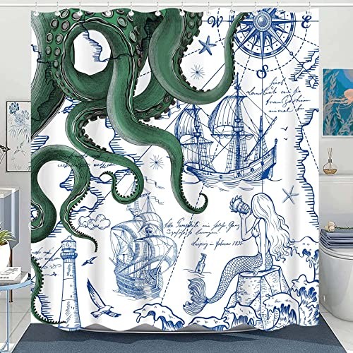 Nautical Octopus Shower Curtain Navy Blue Mermaid 72"W x 72"L (Pack of 1) Green