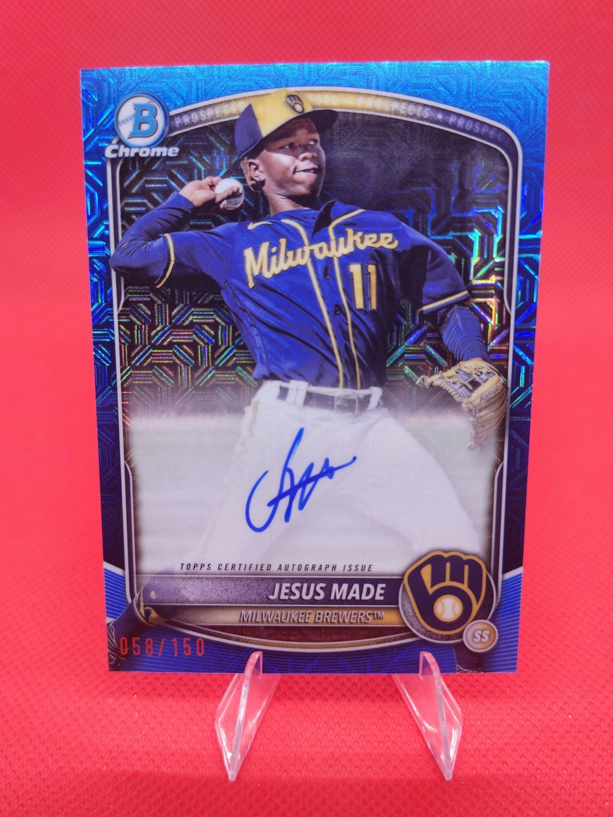 Jesus Made Auto 2025 Bowman Chrome #BMA-JM Blue Mega Mojo Refractor /150 Brewers