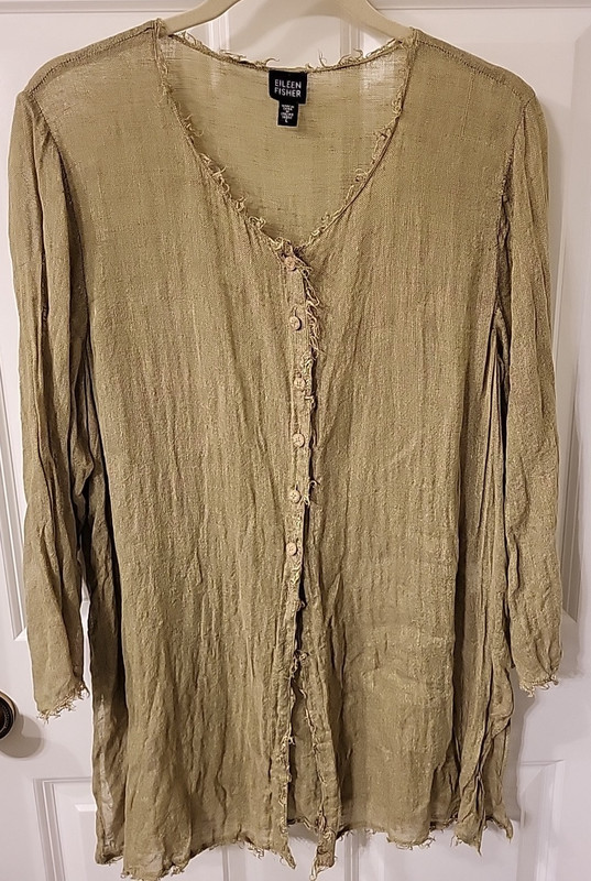Eileen Fisher 100% Linen Crinkly Jacket Size L Olive Green
