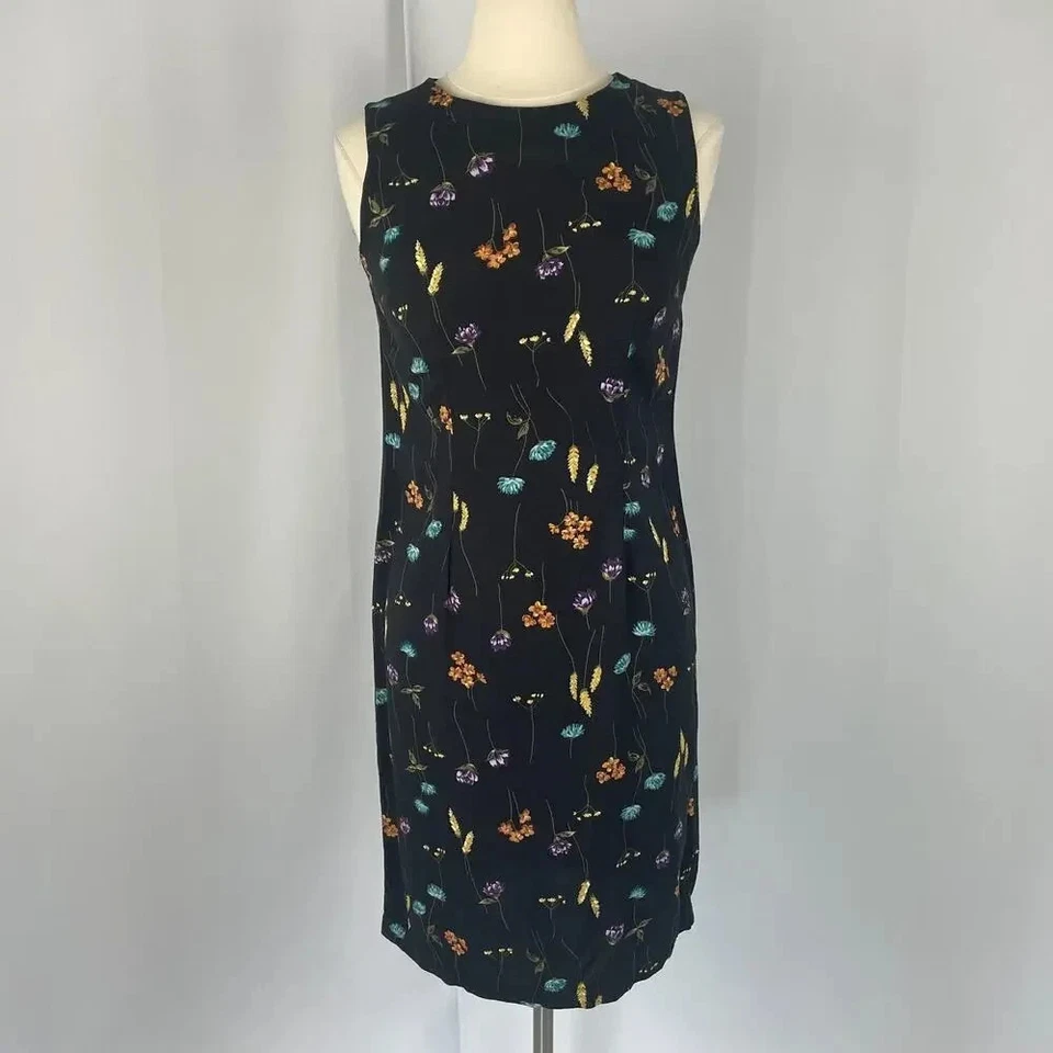 Vintage Column Dress Small Black Colorful Ditsy Floral Short Midi Sleeveless 90s - Photo 1/1