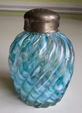 EAPG Victorian Glass Salt Pepper Shaker Ribbed Swirl Blue Green Cased Spatter