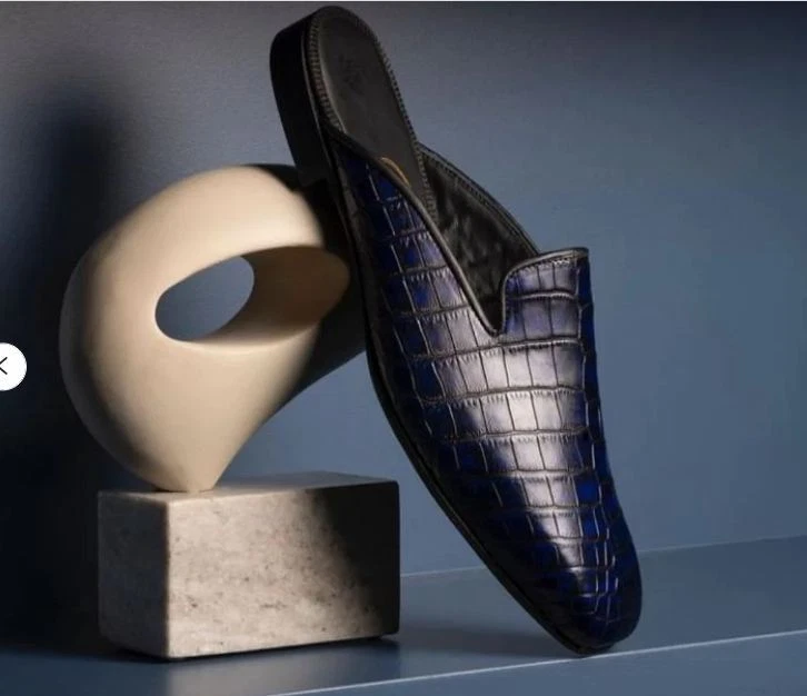 Handmade Men Blue Crocodile Leather Slippers Stylish Mules Shoes