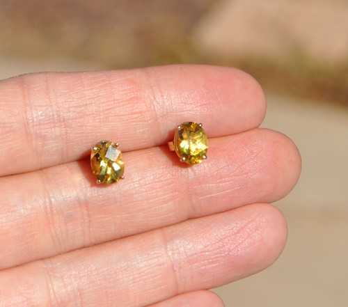 14k Solid Gold Natural Citrine Rose Cut Gemstone Earrings - Studs Oval Golden - Picture 5 of 6
