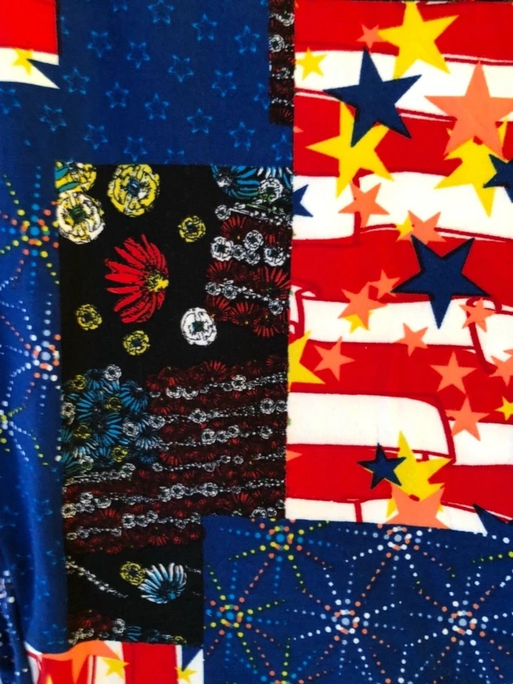 LuLaRoe Nuevo TC Alto Curvilíneo Leggings Azul Blanco Rojo Amarillo Estrellas Rayas Patchwork Foto 2 de 2