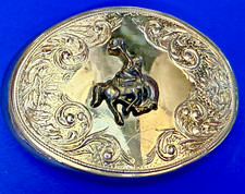 Western Rodeo Cowboy on Bronc Bucking Horse Swirl Ornate Gold Tone Belt Buckle