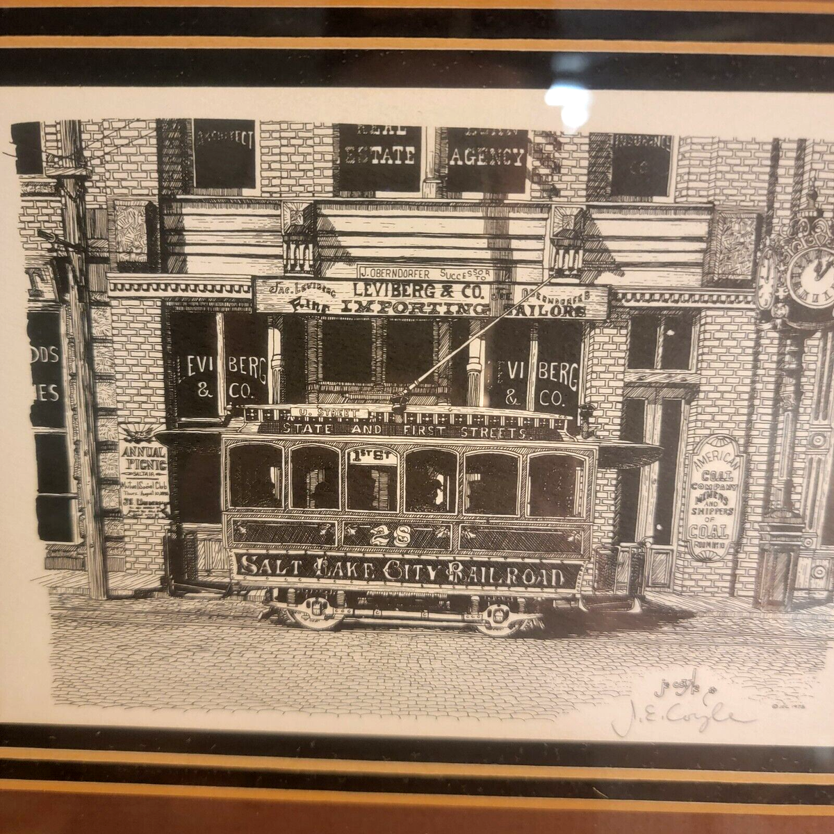 J.E. Coyle Signed Lithograph Print Streetcar Salt Lake City