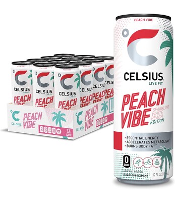 CELSIUS Essential Energy Drink 12 Fl Oz, Sparkling Peach Vibe (Pack of 12)