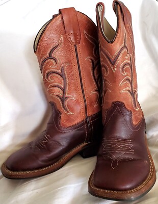 Old West Childs Square Toe Burnt Dark Brown Rust orange Leather  Boots 10.5D
