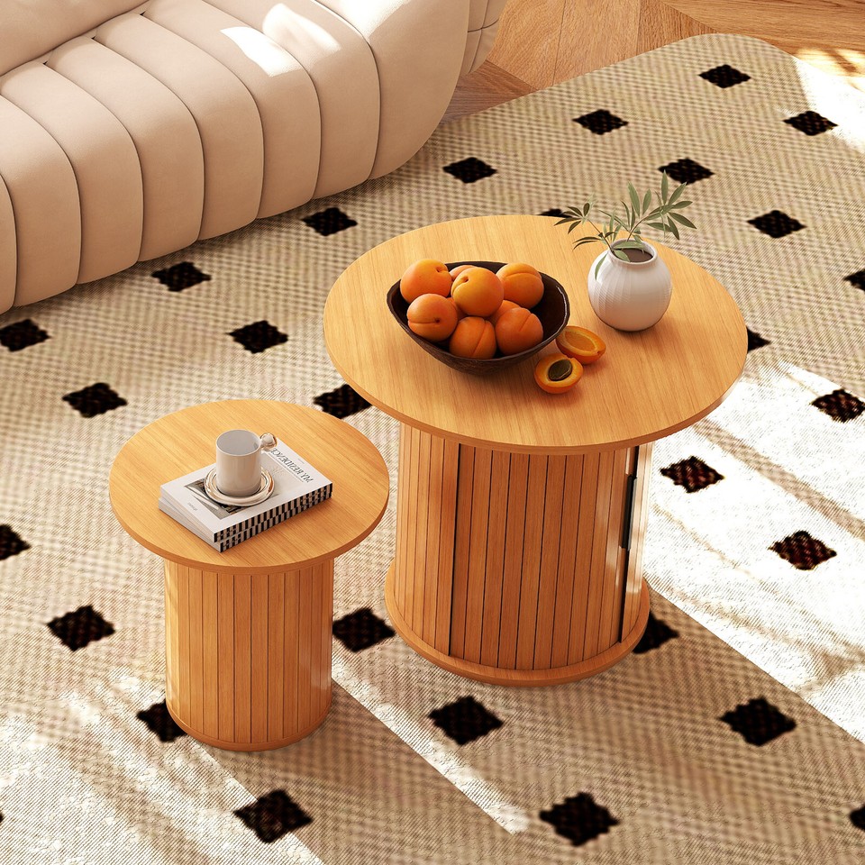 Set of 2 Round Side Table Nesting Coffee Table Farmhouse w/ Storage | eBay