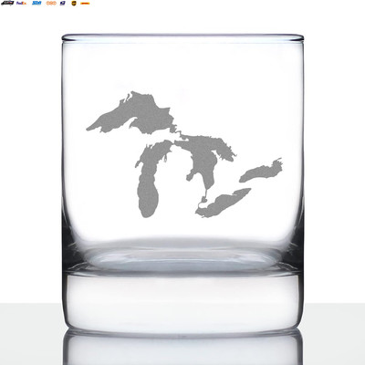 Great Lakes Map - Whiskey Rocks Glass - Unique Engraved Barware Décor - 10.25 Ou