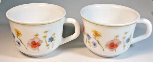 Arcopal France Coffee Tea Cups 2.5"H Yellow Blue Pink Floral Milk Glass Set of 2
