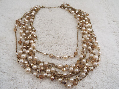 Goldtone Champagne White Bead Multi Chain Necklace (D15)