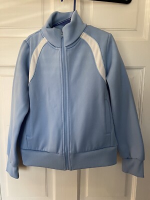 American Girl Brand Girls Jacket SZ M Blue White Full Zip Ribbed Collar Logo