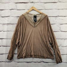LAVISH Top Womens Large Oversized Lace Details Long Sleeve 1/4 Zip Brown NWT