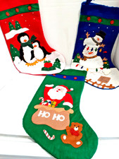 Vintage Lot of 3 Christmas Stockings embossed Felt Snowman, Santa, Penguins 17"