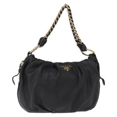 PRADA Chain Shoulder Bag Leather Black Gold Auth ka1743V