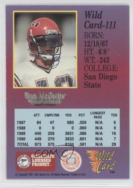 1991 Wild Card Draft 100 Stripe Dan McGwire #111 Rookie RC - Image 2 of 2