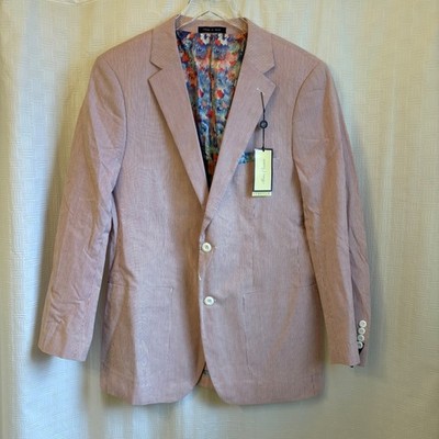 Alan Flusser Mens Red White Seersucker Stretch Blazer Sport Coat Size Medium NWT