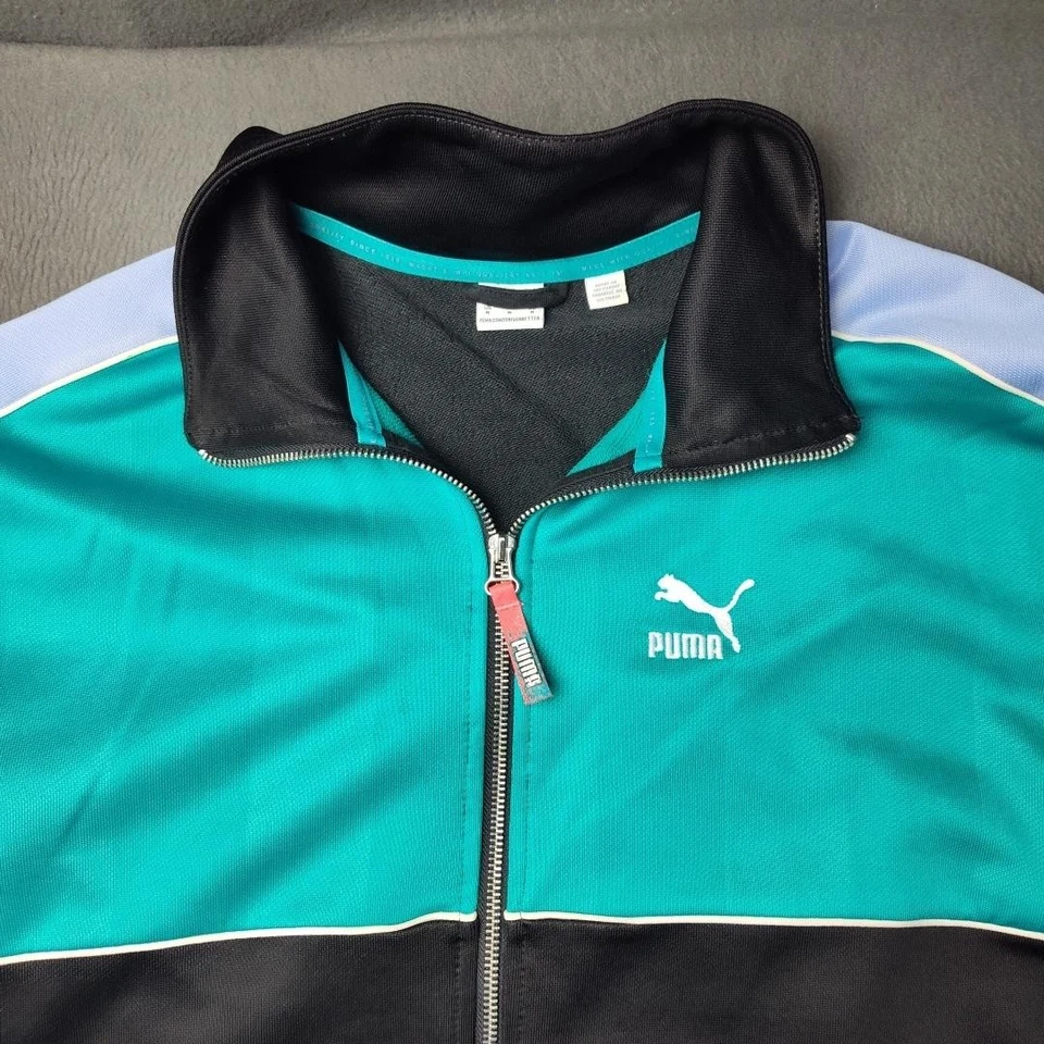 Chaqueta deportiva Puma para hombre mediana negra azul verdoso cremallera completa bloques de colores manga a rayas Foto 3 de 4