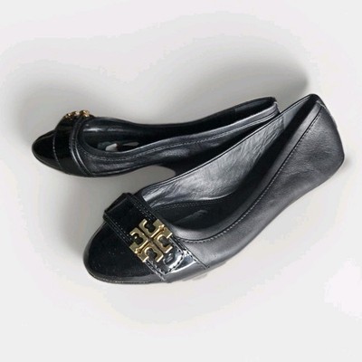 TORY BURCH Eloise Black Patent Leathe Gold Logo Ballet Flat Shoes 7.5 M