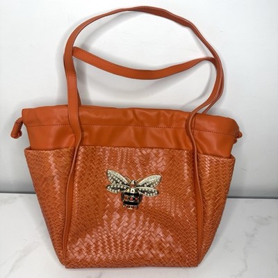 Queen Bee Woven Leather Tote Orange Shoulder Handbag Purse Pearls Rhinestone