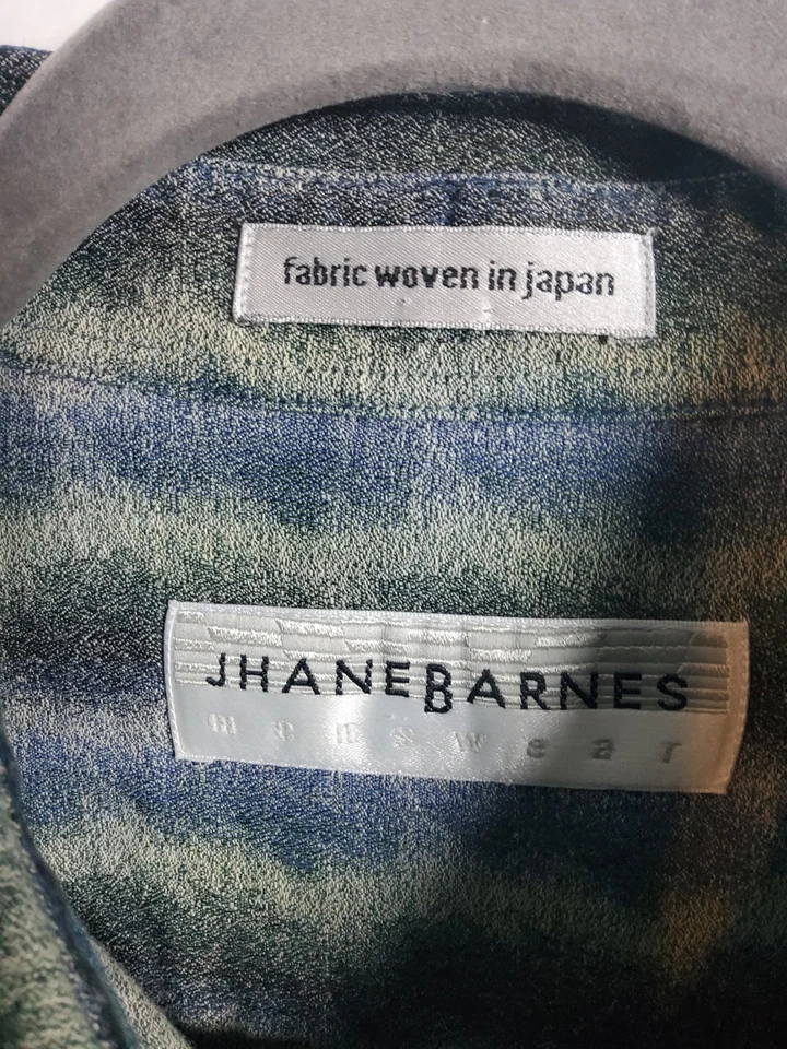 Camisa manga larga Jhane Barnes para hombre azul/verde/gris abstracta a rayas verticales talla Foto 2 de 4