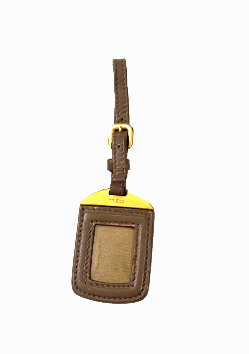 Prada Brown Leather Luggage ID Identity Tag Gold Metal Buckle for