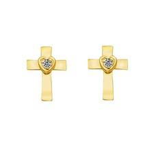 Genuine 14k Yellow Gold CZ 9mm Cross  Heart Screwback Safety Earring Studs