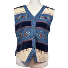 Vintage Denim Embroidered patchwork vest floral folk cottagecore boho western